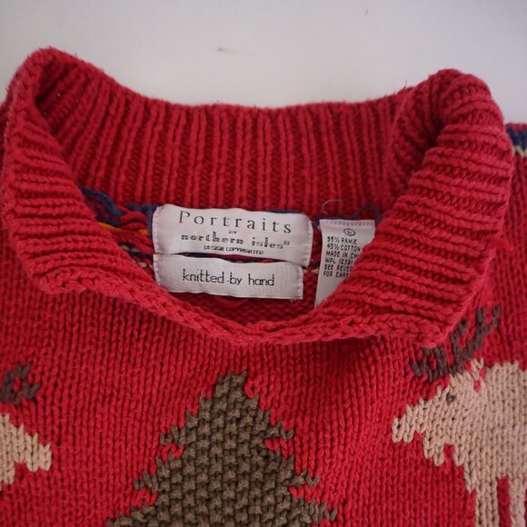 Vintage Portraits Red Moose Tree Knit Sweater Cabincore Cotton Festive L - Picture 10 of 10